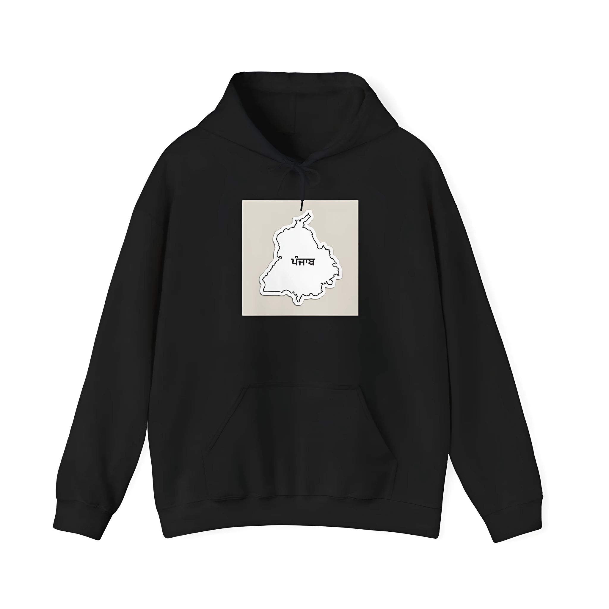 Black loose fit hoodie with drop shoulder sleeves and side pockets on a hanger.