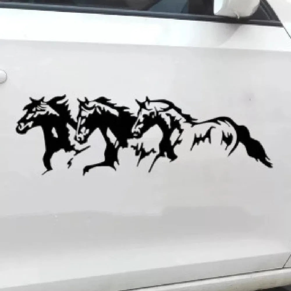 Black, white, red, and blue steed design car decal sticker measuring 25 by 8 centimetres