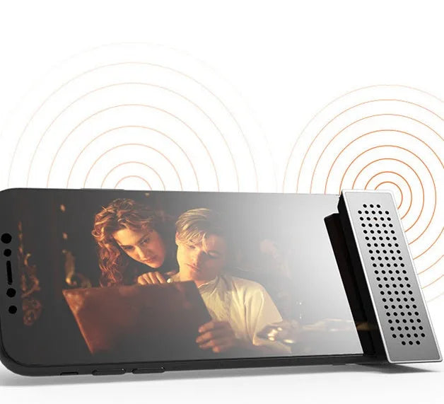 Mobile phone amplifier bracket in ABS plastic showing horizontal film viewing and vertical music listening positions