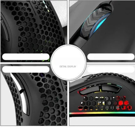 Wireless gaming mouse with hollow-out illuminated design in cyan colour showing ergonomic shape