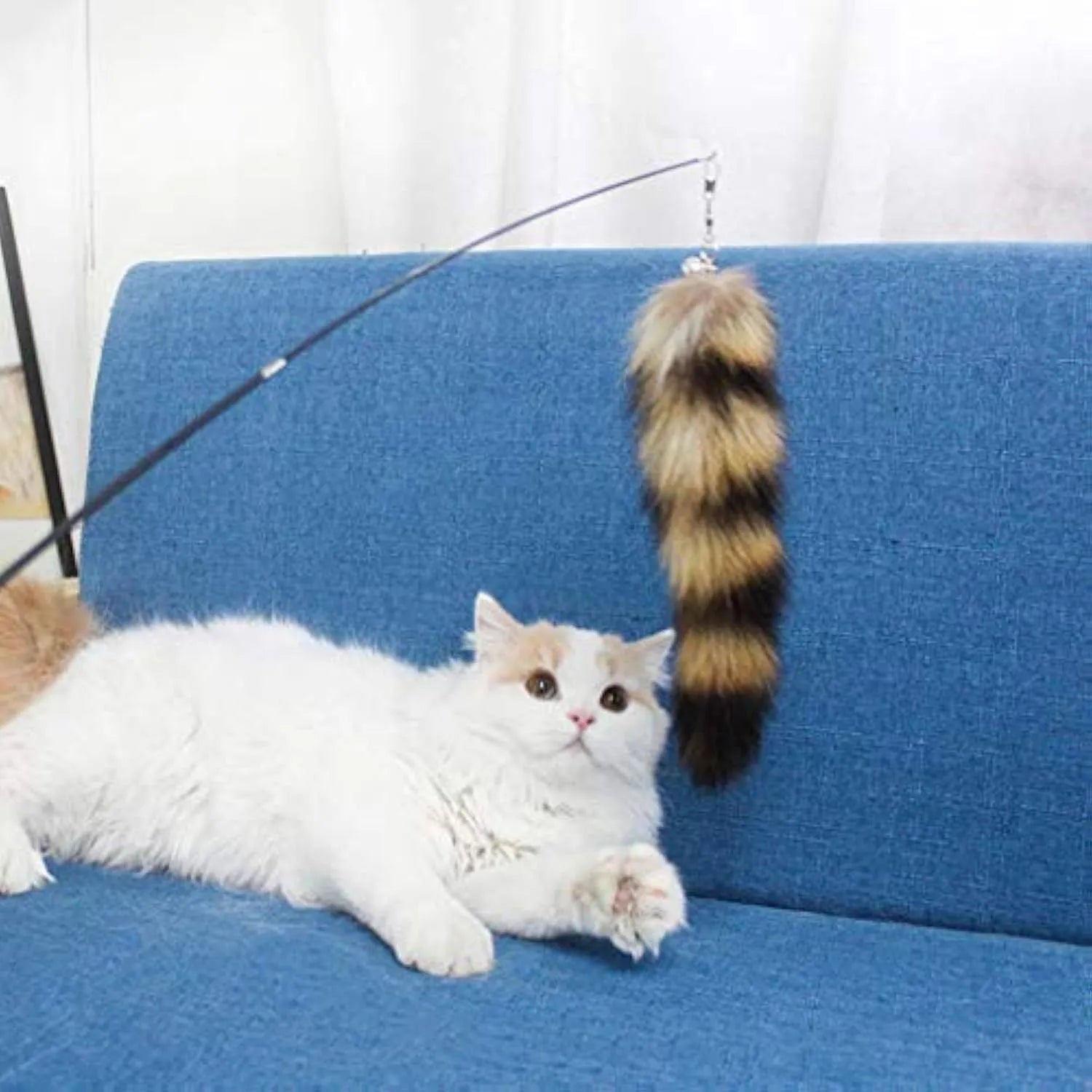Black cat toy wand with elastic string teaser measuring 42 cm for interactive play