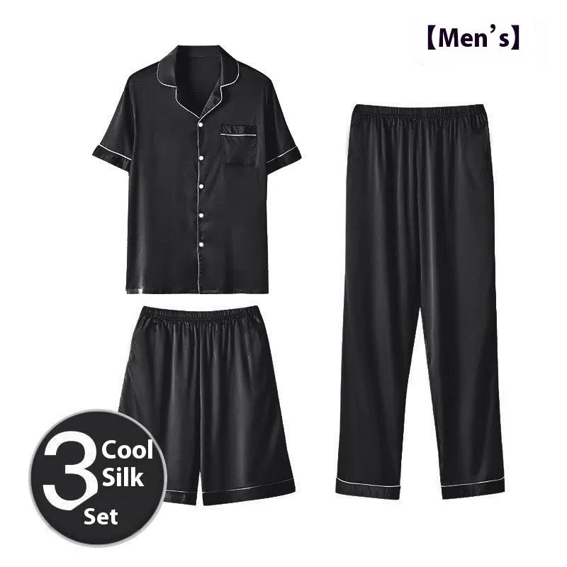 Men's ice silk three-piece homewear suit showing short sleeve top with elasticated shorts and trousers in silver colour