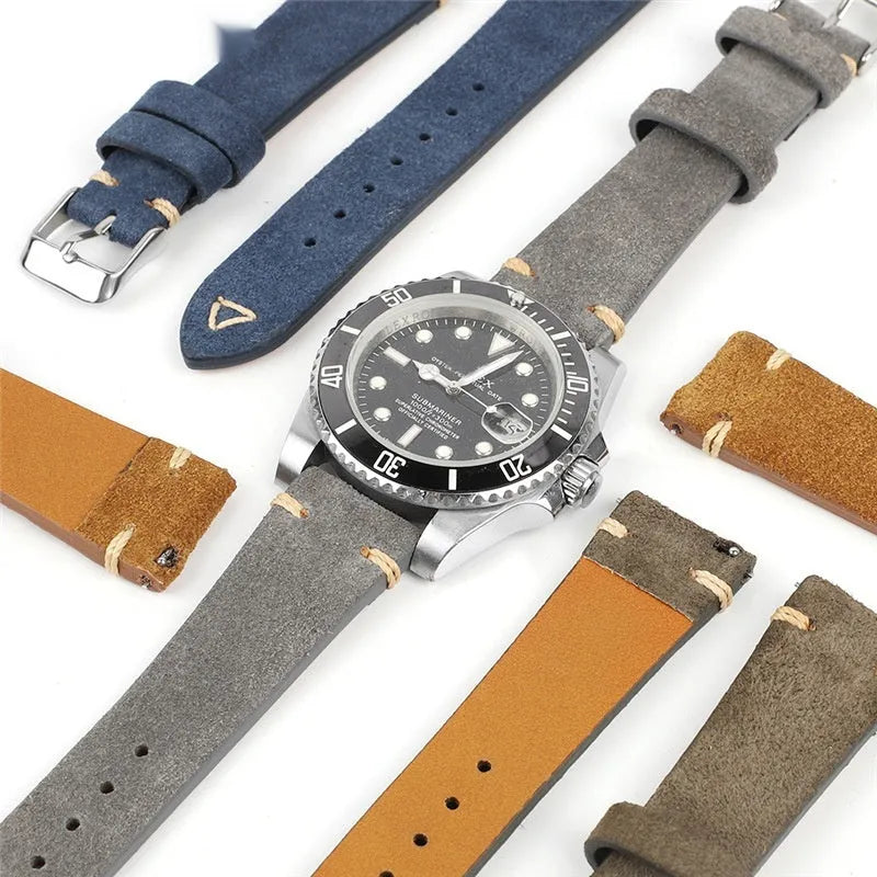 Genuine suede leather watch strap in brown, blue, grey, and army green for 20mm and 22mm watches.