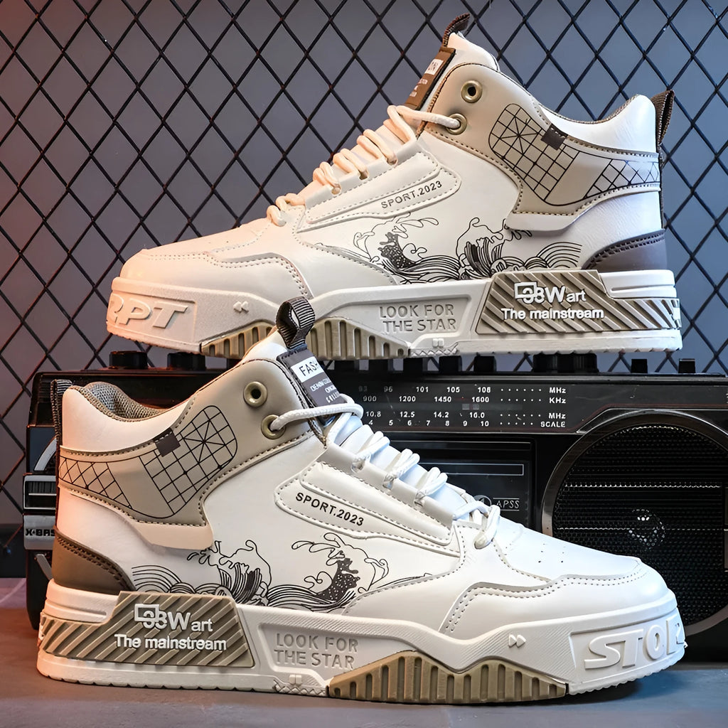 Men's beige high-top board shoes with lace-up front and rubber sole