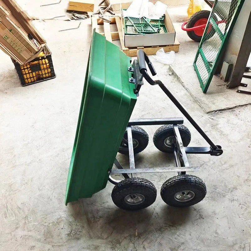 Green four-wheel plastic dump truck with steel frame and 940 mm length