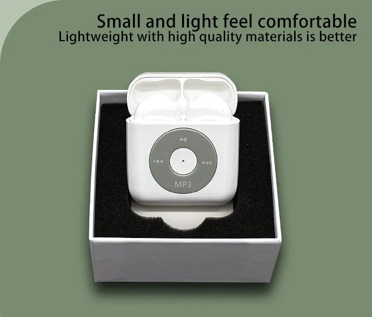 White wireless Bluetooth earphones with a charging case on a white background.
