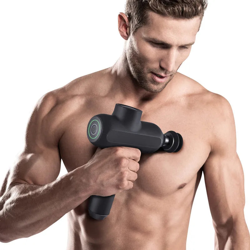 Rechargeable muscle massager with six black massage heads in Deep Rock Black colour.