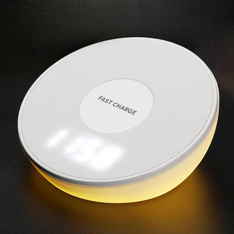 White wireless phone charger with digital clock display and alarm function
