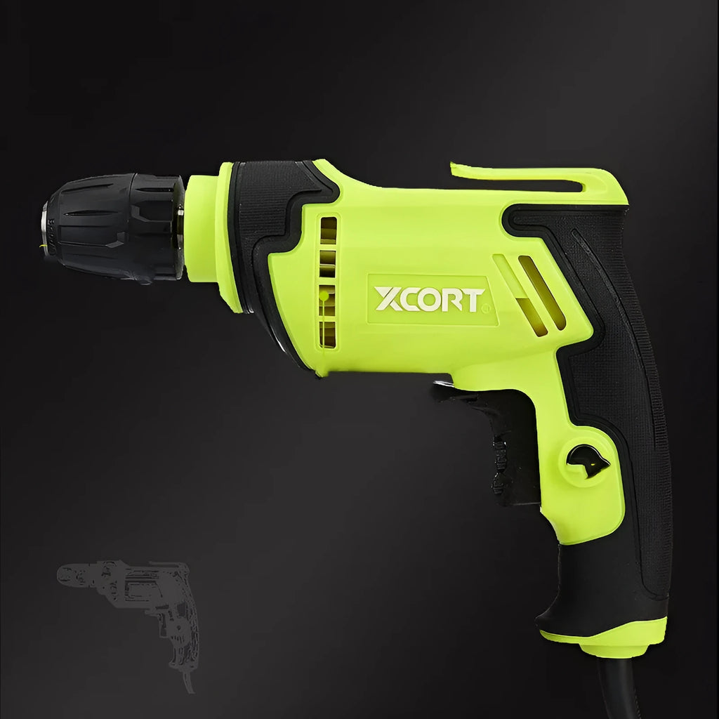 450 watt pistol-grip electric drill with multi-speed control and a 10mm chuck on a workbench.