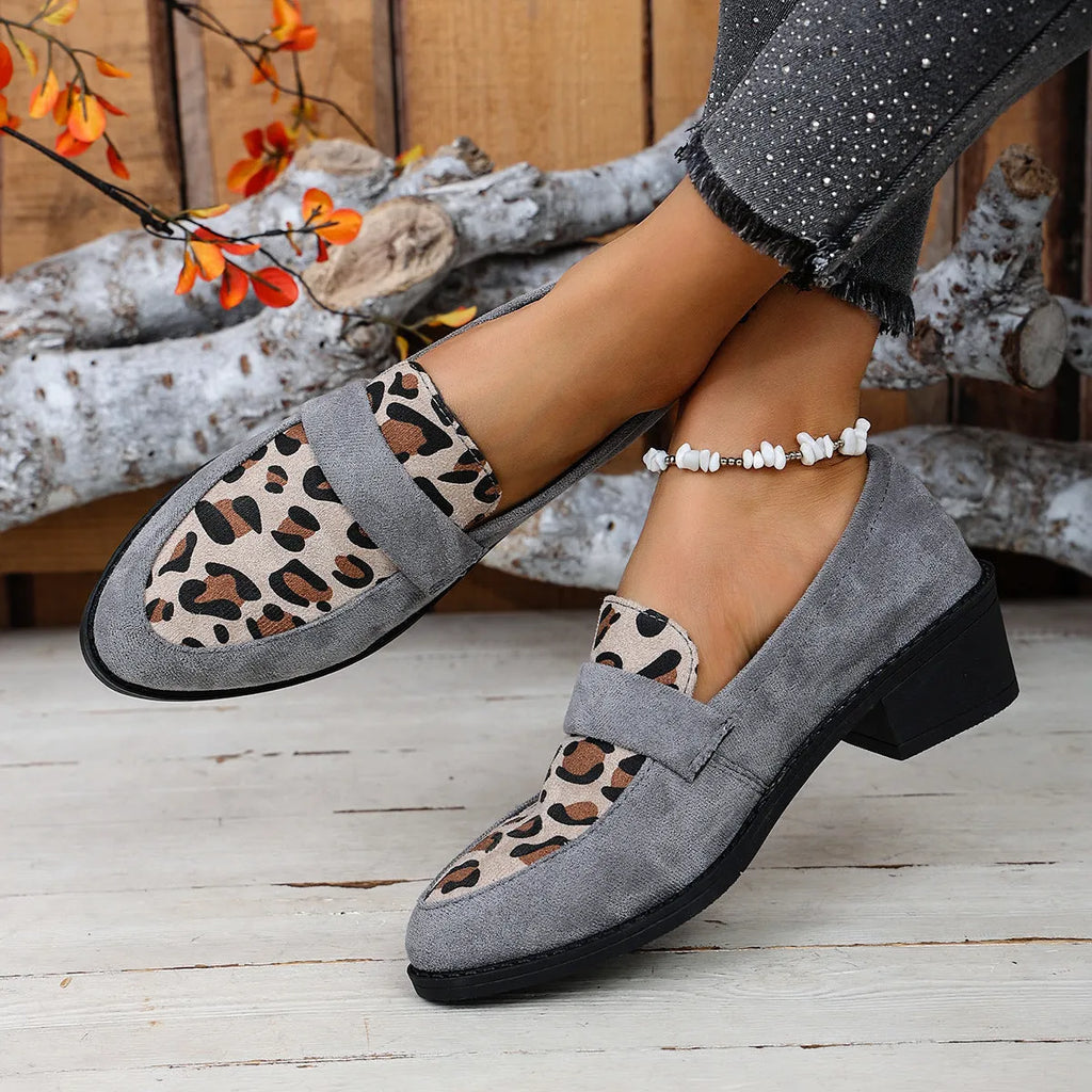 Leopard print suede casual pumps with chunky heel and pointed toe in brown, khaki, or pink colours