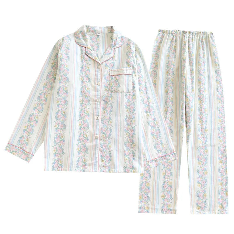 Women's cotton gauze lounge set with long sleeves and trousers in stripe or fruit print patterns