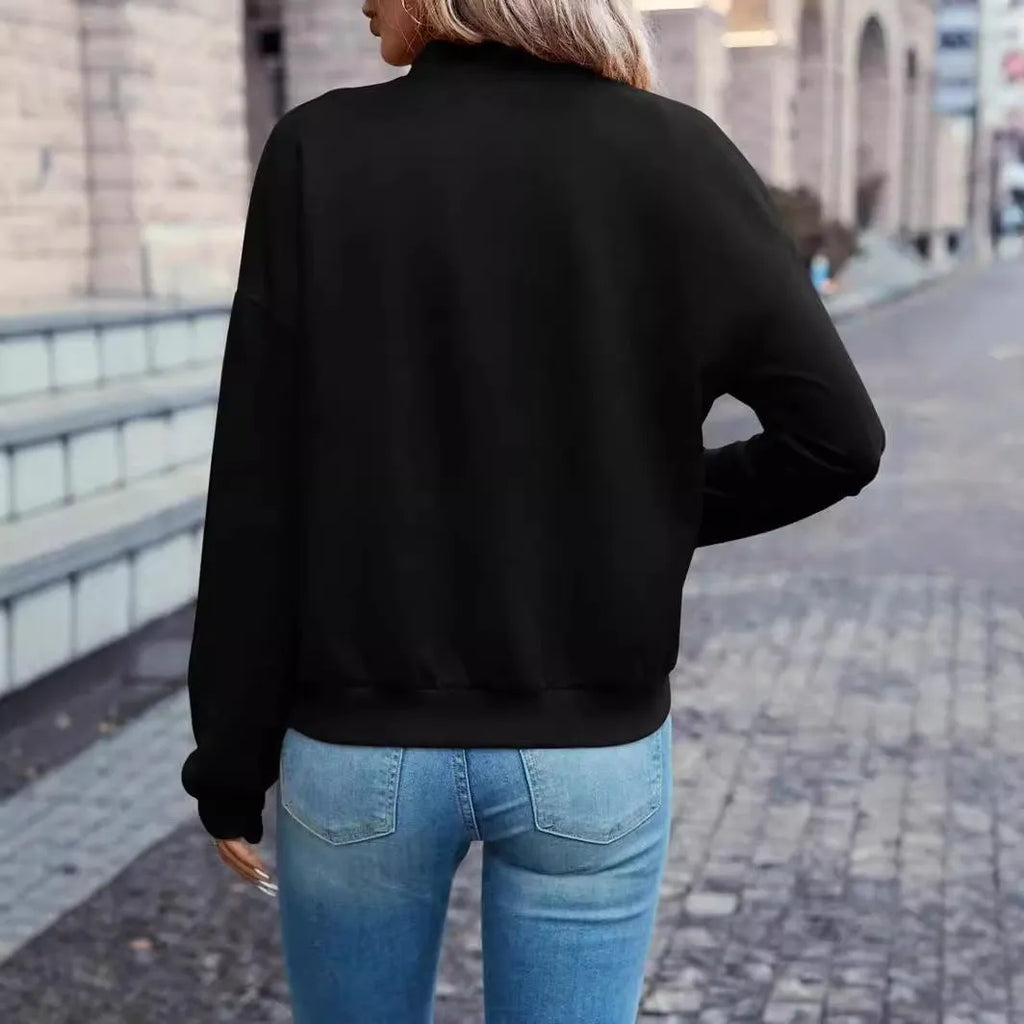 Black faux pocket zip jacket for women with long sleeves and casual Japanese Korean style in solid color
