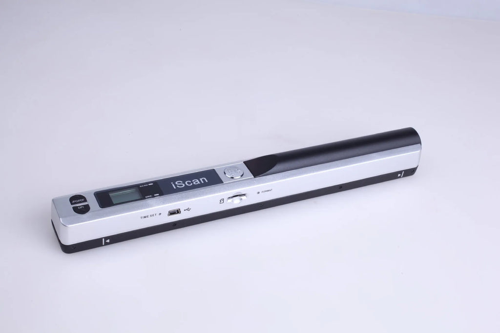 Handheld plastic barcode scanner shown in black, blue, green, red, and silver colour options