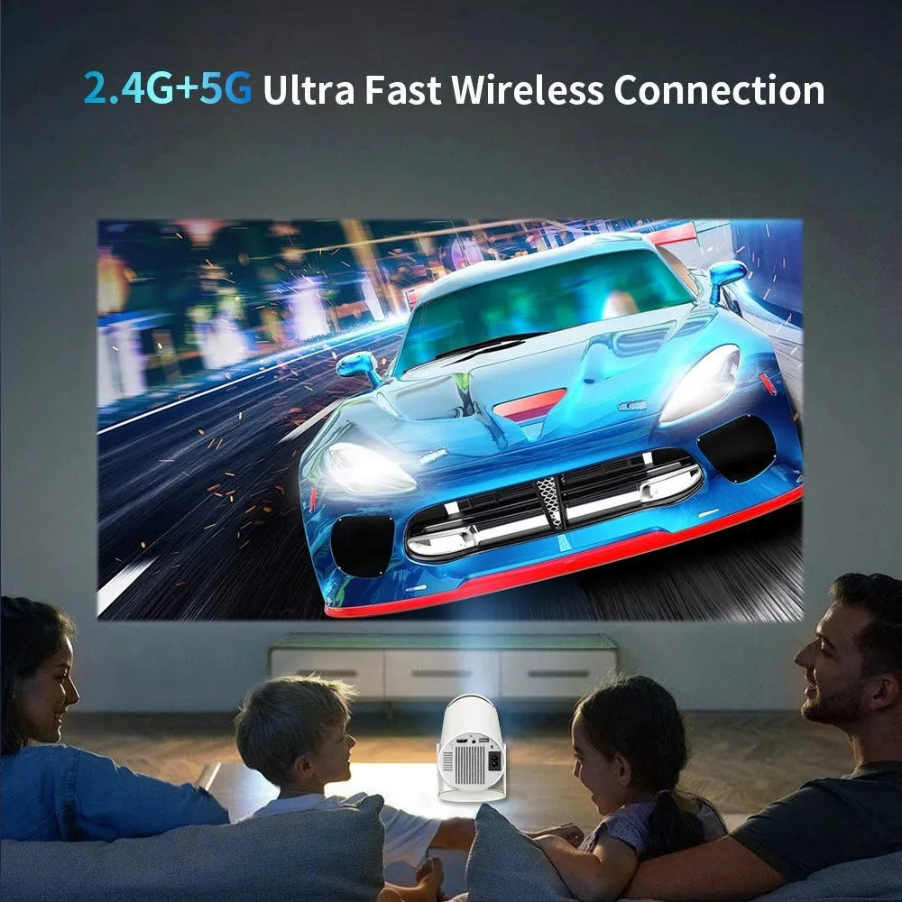 White Barrel X10 PLUS portable smart projector with remote control and gamepad on table