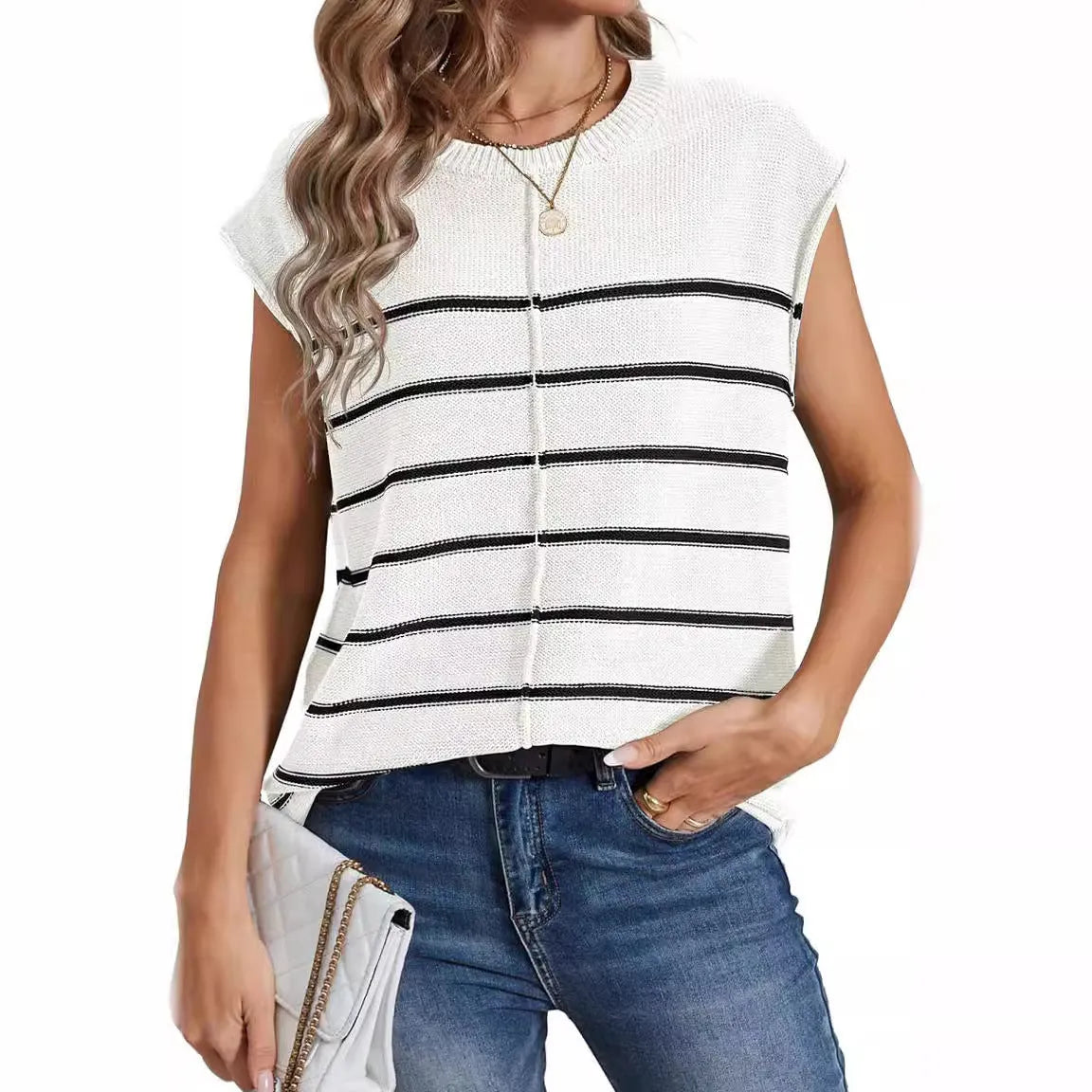 Women's striped sleeveless pullover vest in acrylic fabric with bone stitching detail
