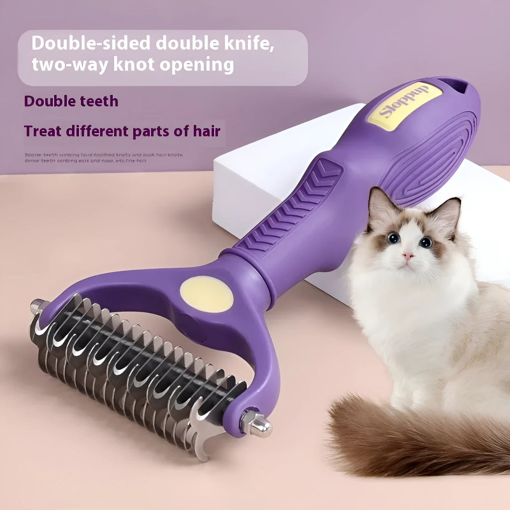 Purple plastic double-sided pet grooming comb with knot-removing teeth for dogs