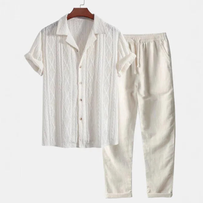 Men's casual short sleeve linen suit set with digital camouflage print in slim fit