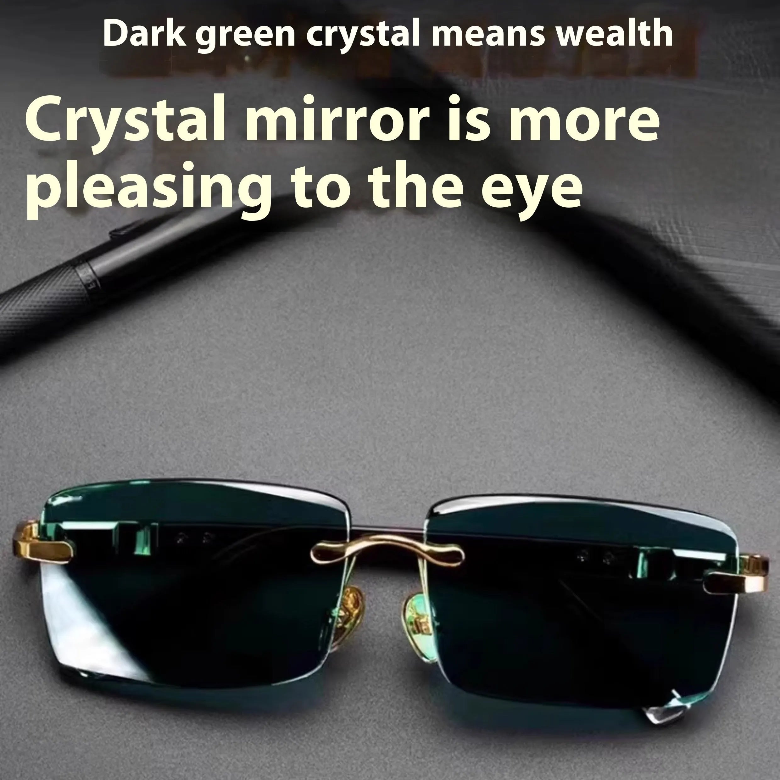 Dark green frameless sunshade glasses with protective case and lens cloth