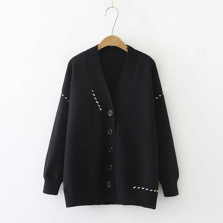 Women's black knitted cardigan top coat with long sleeves and loose fit