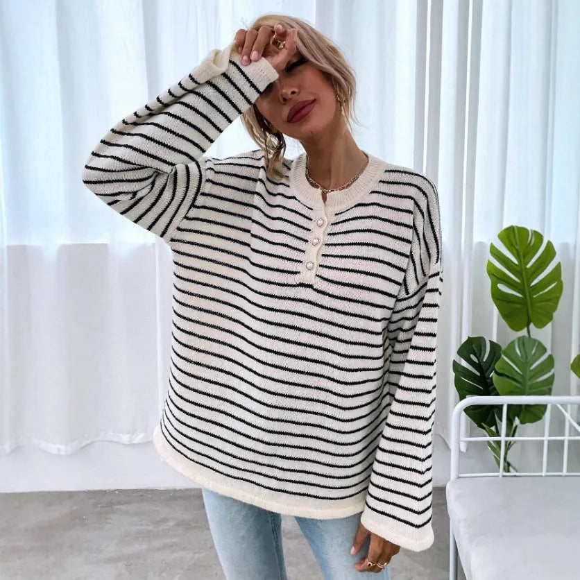 Women's black and white striped loose long sleeve viscose top with drop shoulders
