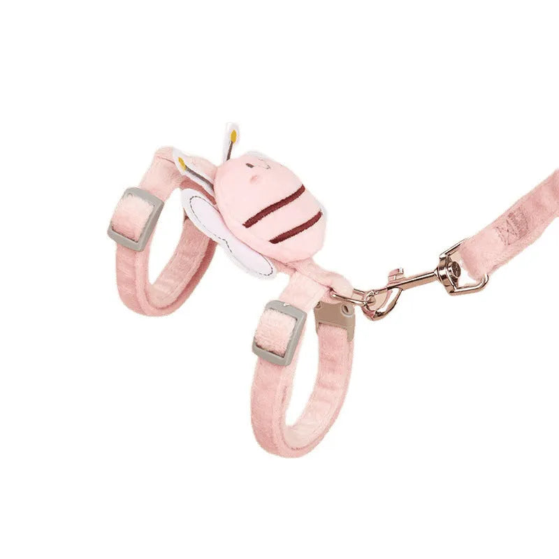 Bee-shaped adjustable cat harness and lead set in pink, yellow, or blue on a white background