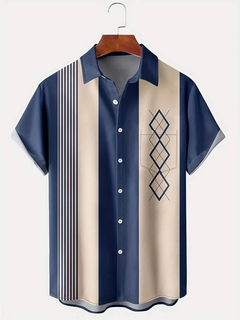 Man wearing loose-fitting short-sleeve plaid cardigan with contrast colours and lapel design