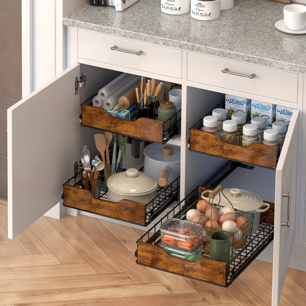 Black household storage basket drawer with wood and iron construction for kitchen organisation