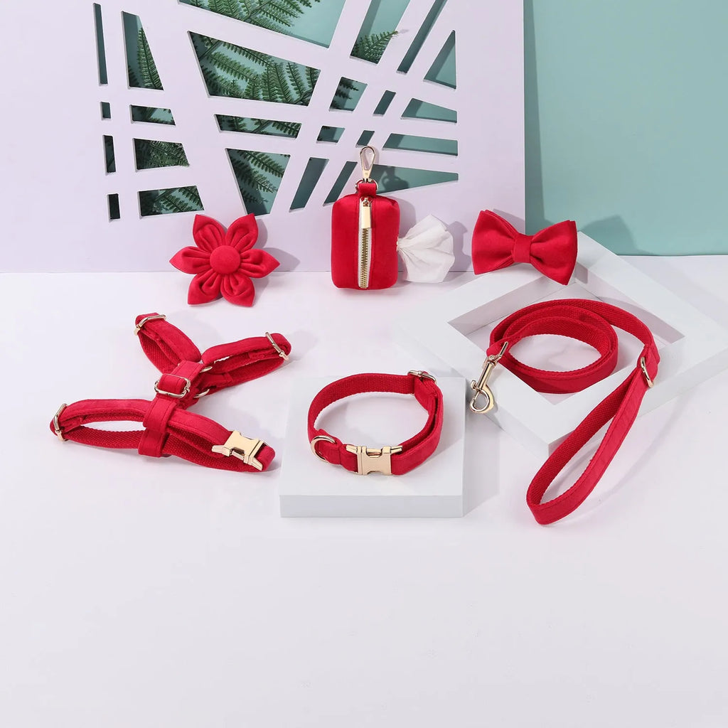 Velvet pet collar set with chest strap, bow tie, and flower accessory in multiple colour options