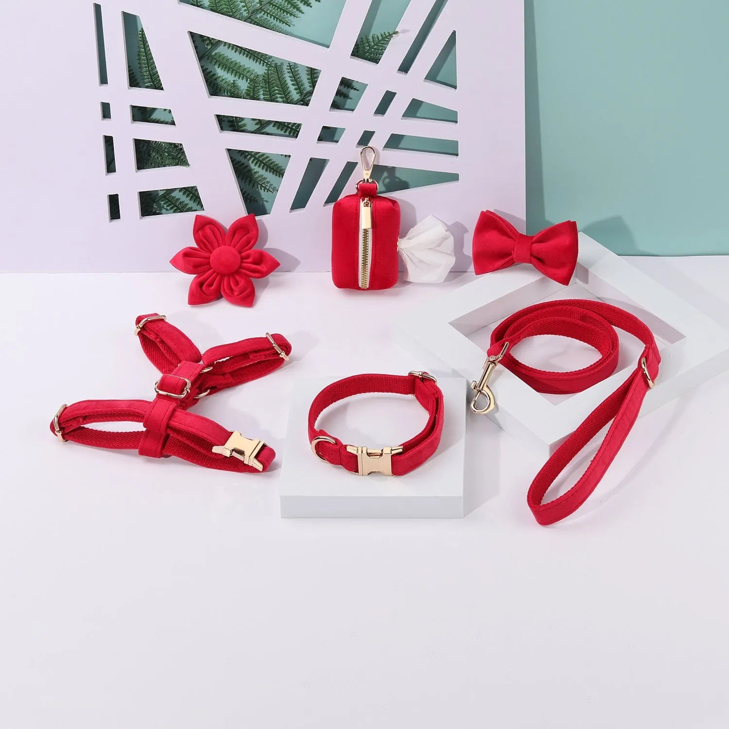 Velvet pet collar set with chest strap, bow tie, and flower accessory in multiple colour options