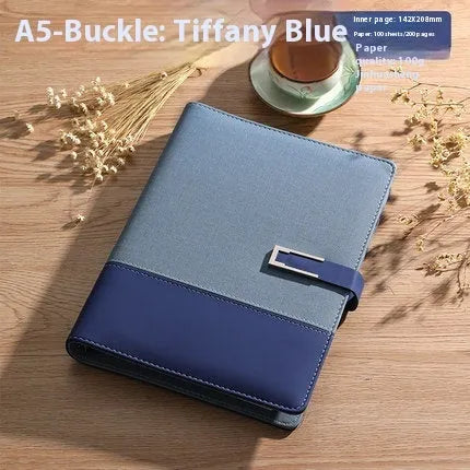 A5 thickening notebook with soft PU leather cover in brown, black, green, blue, or red, showing wood-free paper interior
