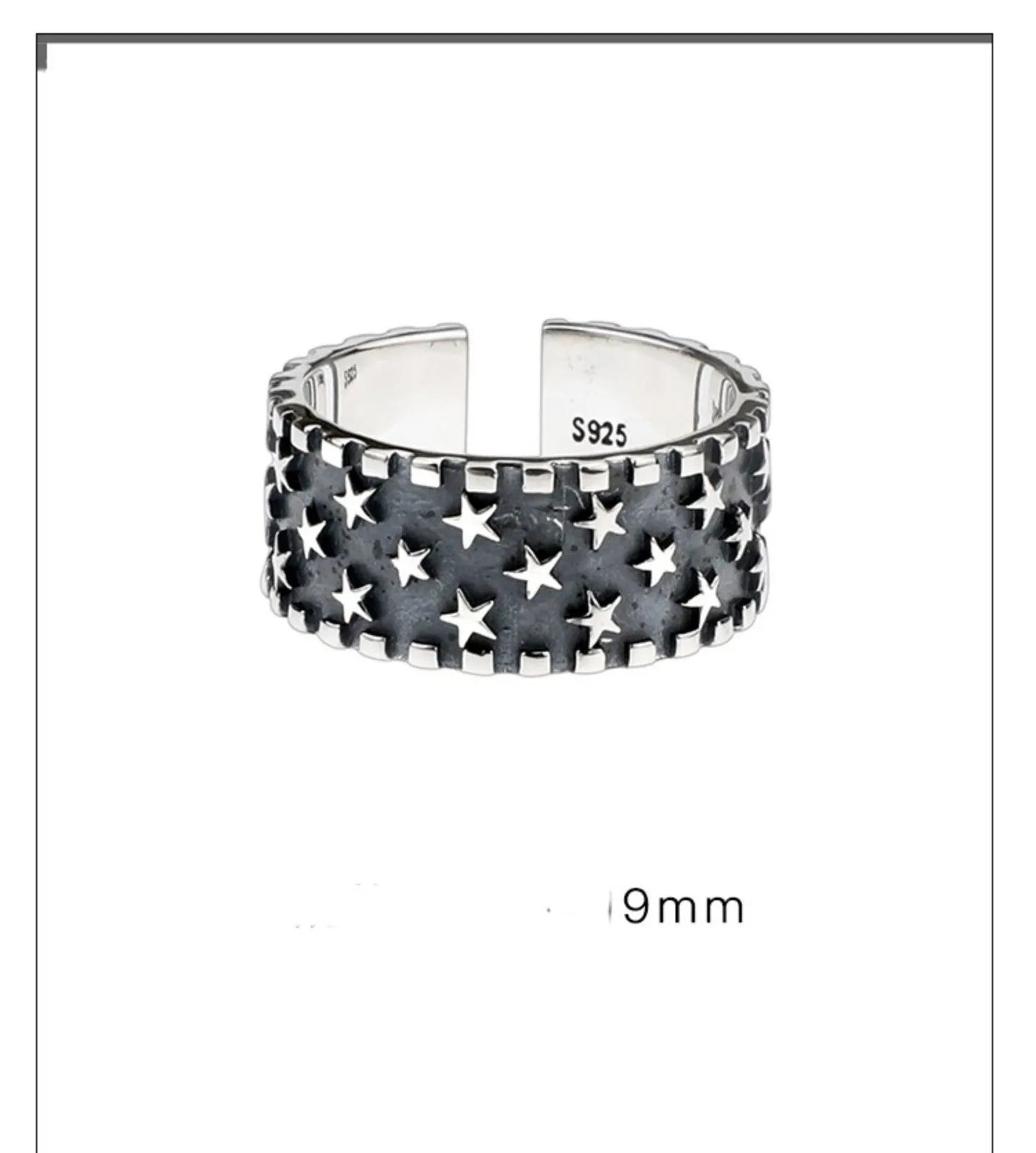 Adjustable pure silver ring with a geometric multi five-pointed star design on a silver band