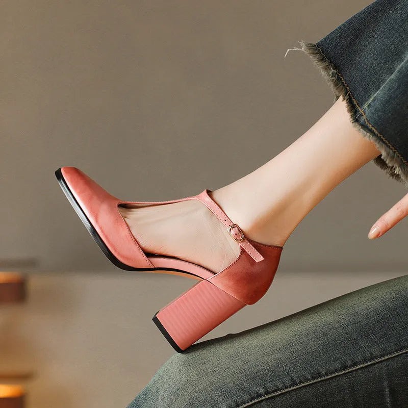 Women's retro pointed toe Mary Jane shoes with buckle and hollow baotou design in pink or dark brown.