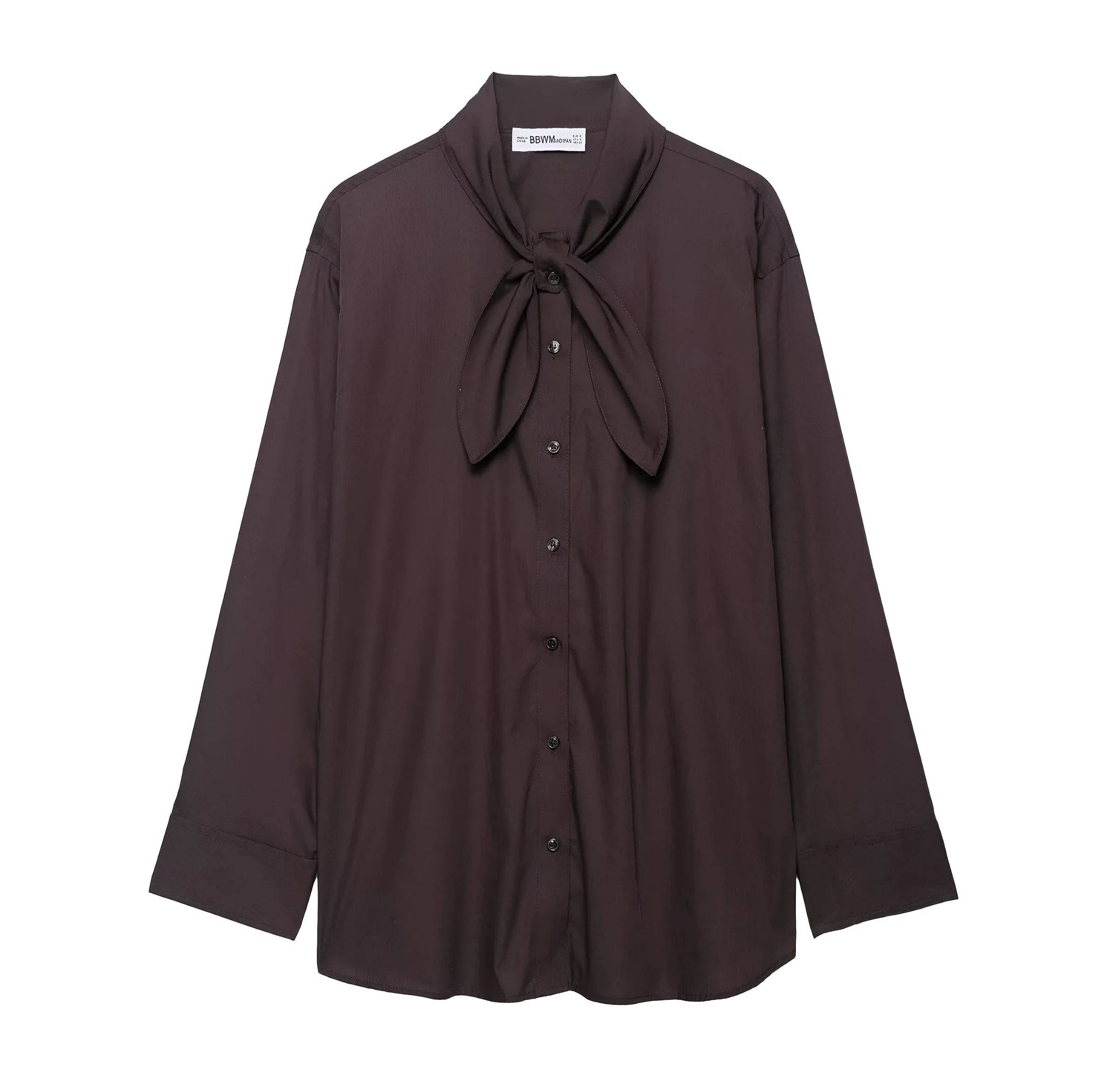 Brown loose-fit women's poplin shirt with long sleeves and a matching bow tie scarf, shown in a cardigan style.