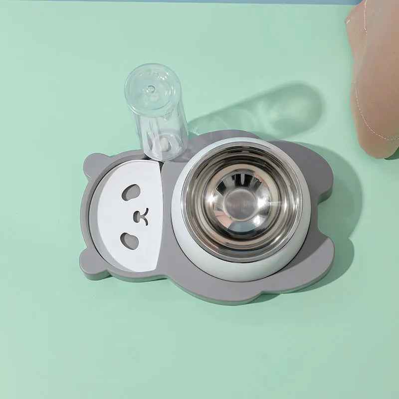 Grey panda-shaped elevated pet feeder with automatic water bottle and tilted stainless steel bowls for cats and small dogs