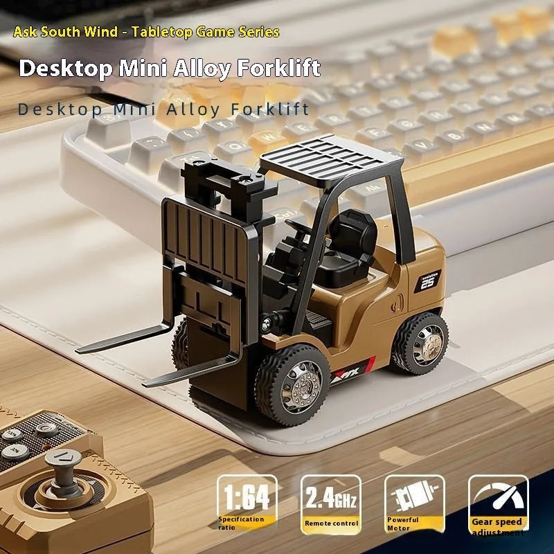 1:64 scale silver alloy remote control forklift toy with cargo hook on a pallet.