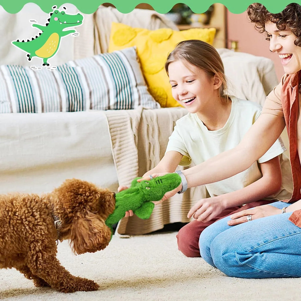 Dark green crocodile-shaped no-stuffing plush dog toy with squeaker and crinkle sound elements