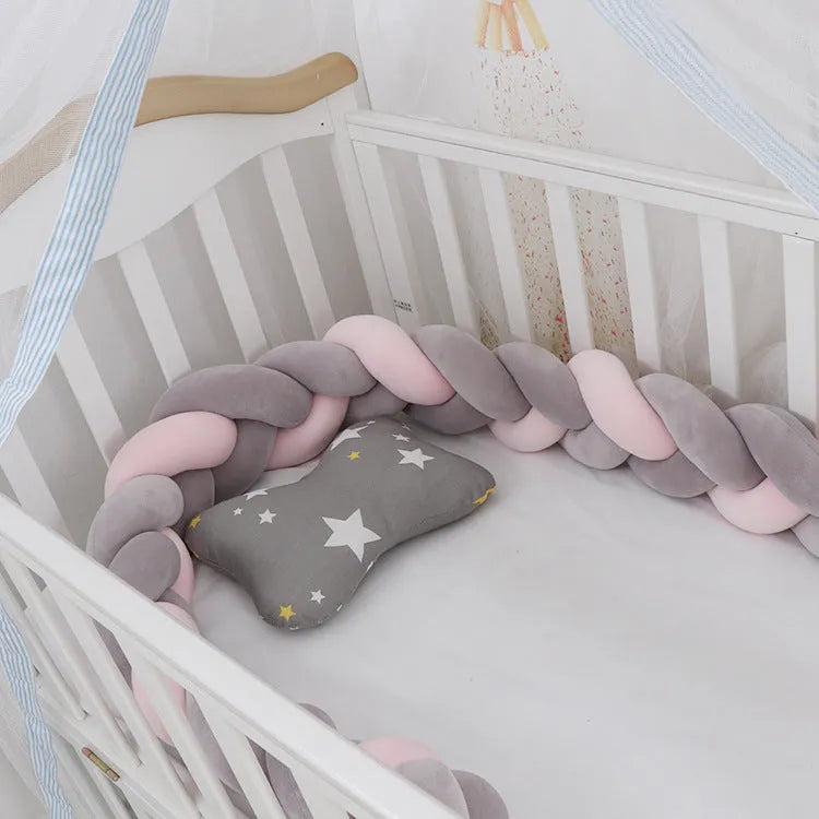 Braided knot crib bumper cushion in spandex velvet protecting infant cot sides