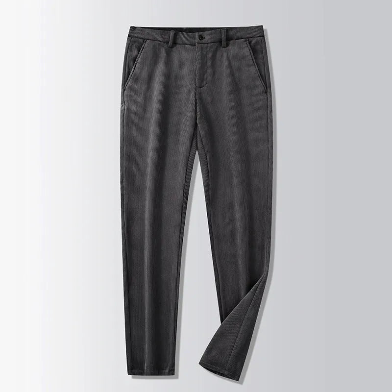 British retro striped straight-leg men's trousers in a dark colour, laid flat to show the zip fly and full length.