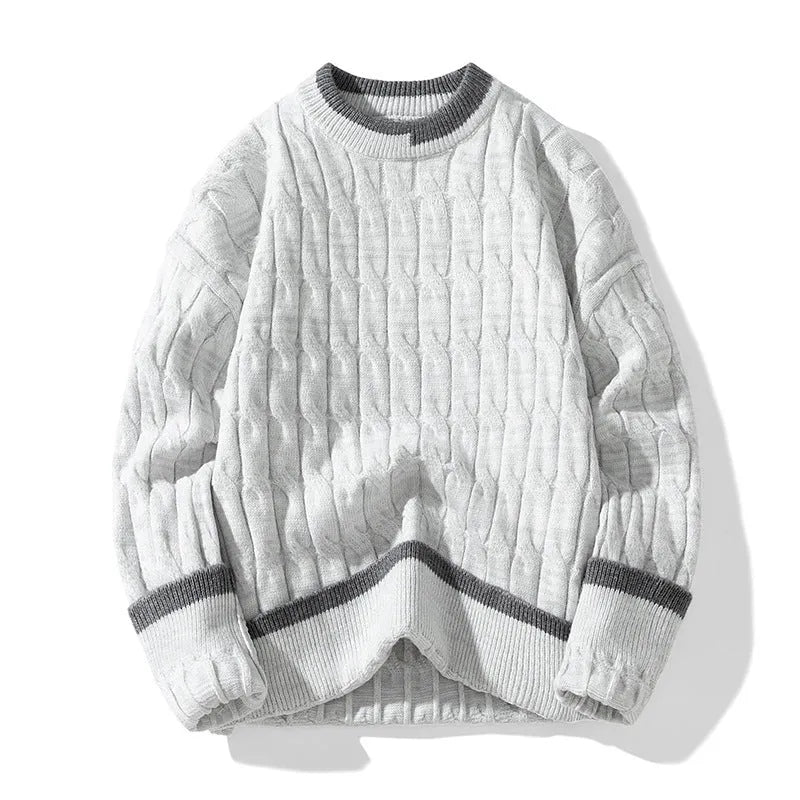 Men's loose-fit long sleeve pullover sweater in a modal acrylic blend, shown in light blue.