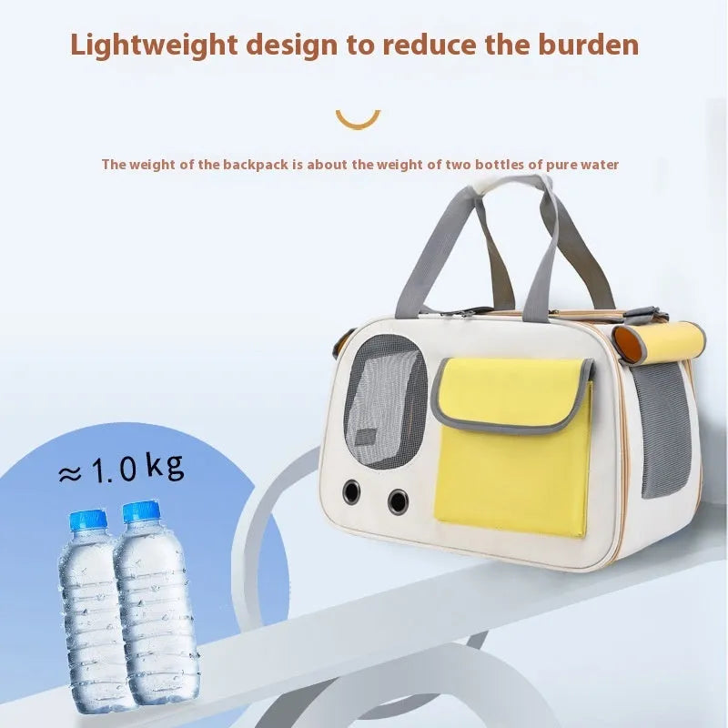Yellow foldable canvas pet carrier bag with single shoulder strap, shown open.