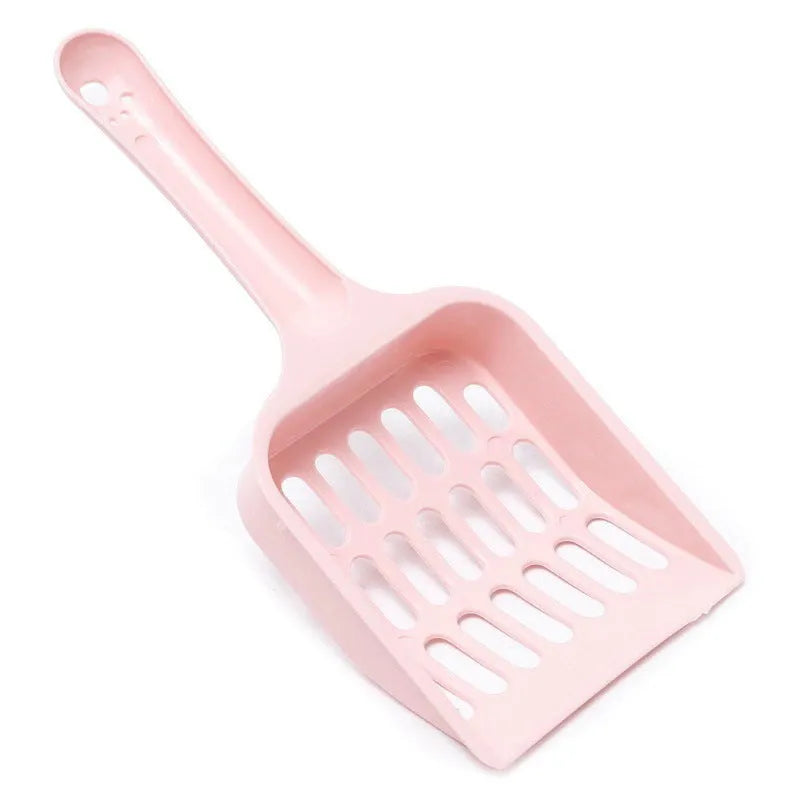 Blue plastic cat litter scoop on a white background, showing its size and sifting holes.