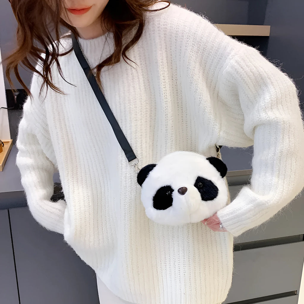 Soft plush crossbody shoulder bag with panda head design, cylindrical shape measuring 18cm