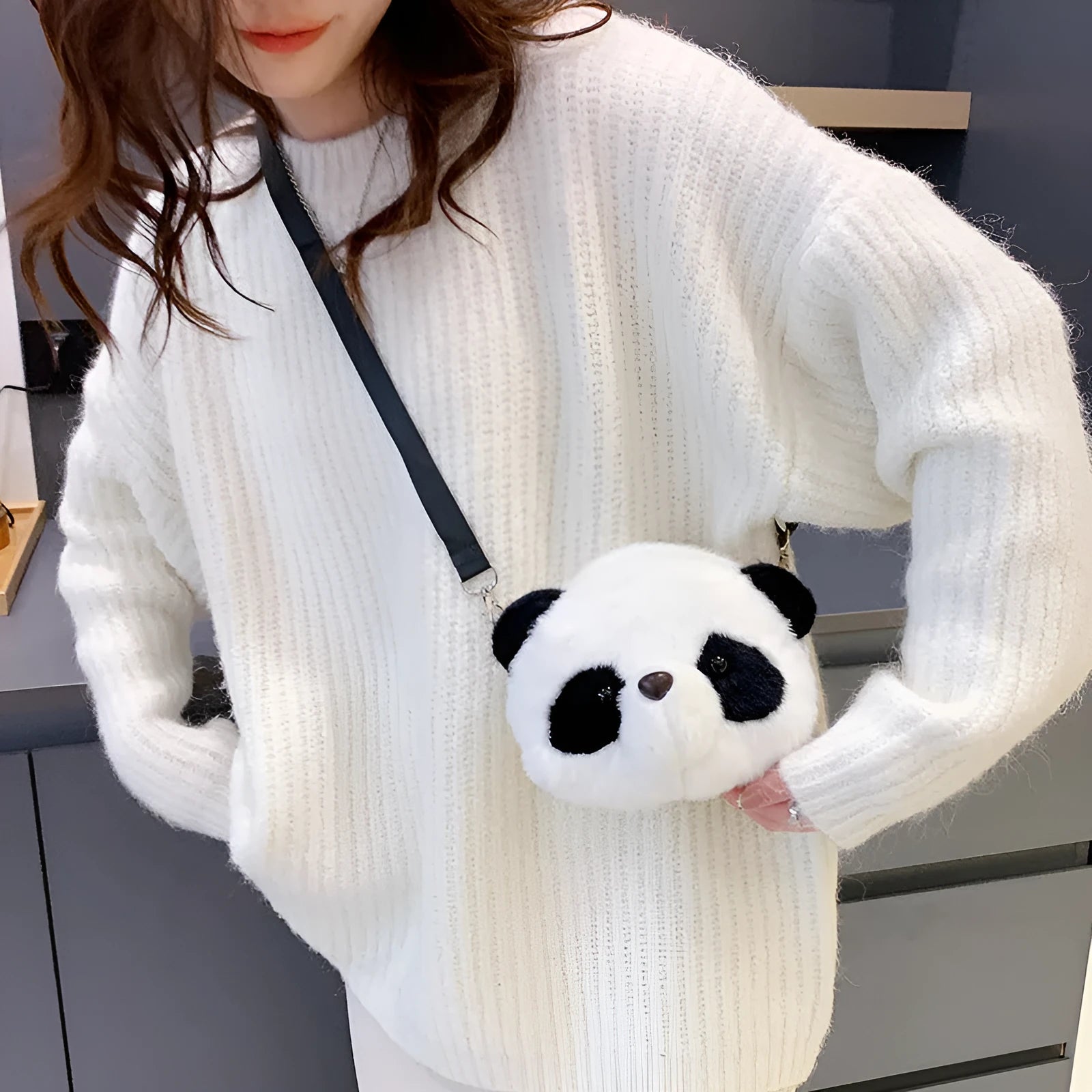 Soft plush crossbody shoulder bag with panda head design, cylindrical shape measuring 18cm