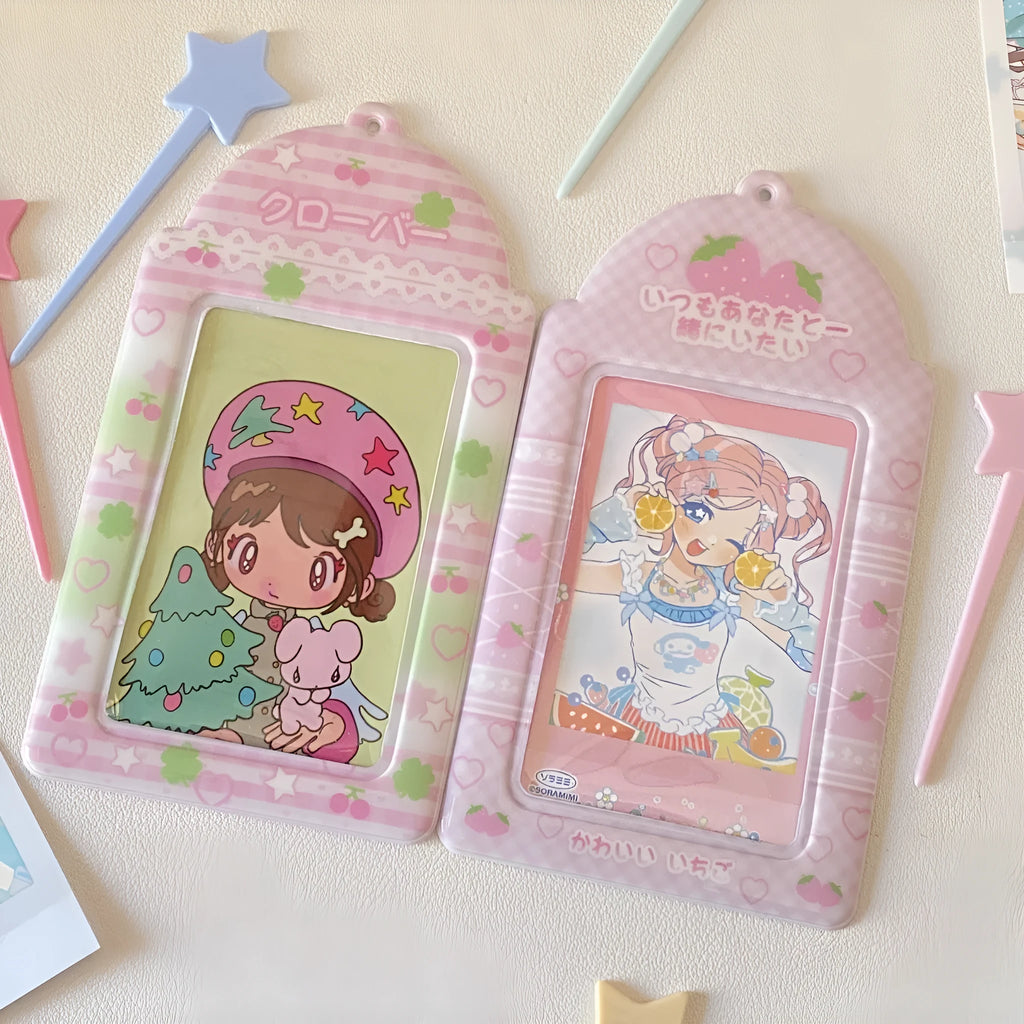 PVC cartoon meal card holder with clear sleeve showing Strawberry and Four-Leaf Clover design options
