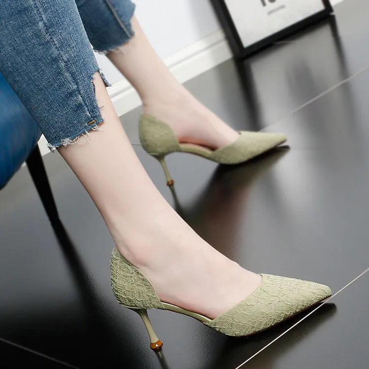 Women's black leather stiletto high heels with pointed toe and 6-8cm heel