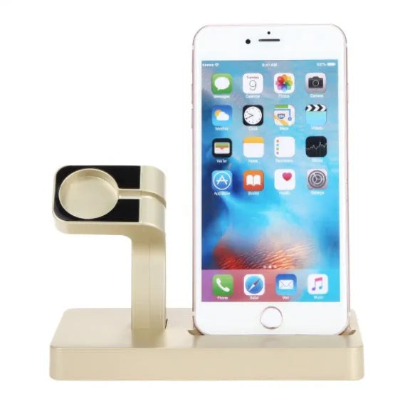 White 2 in 1 desktop charging dock station holding an iPhone and an Apple Watch upright.