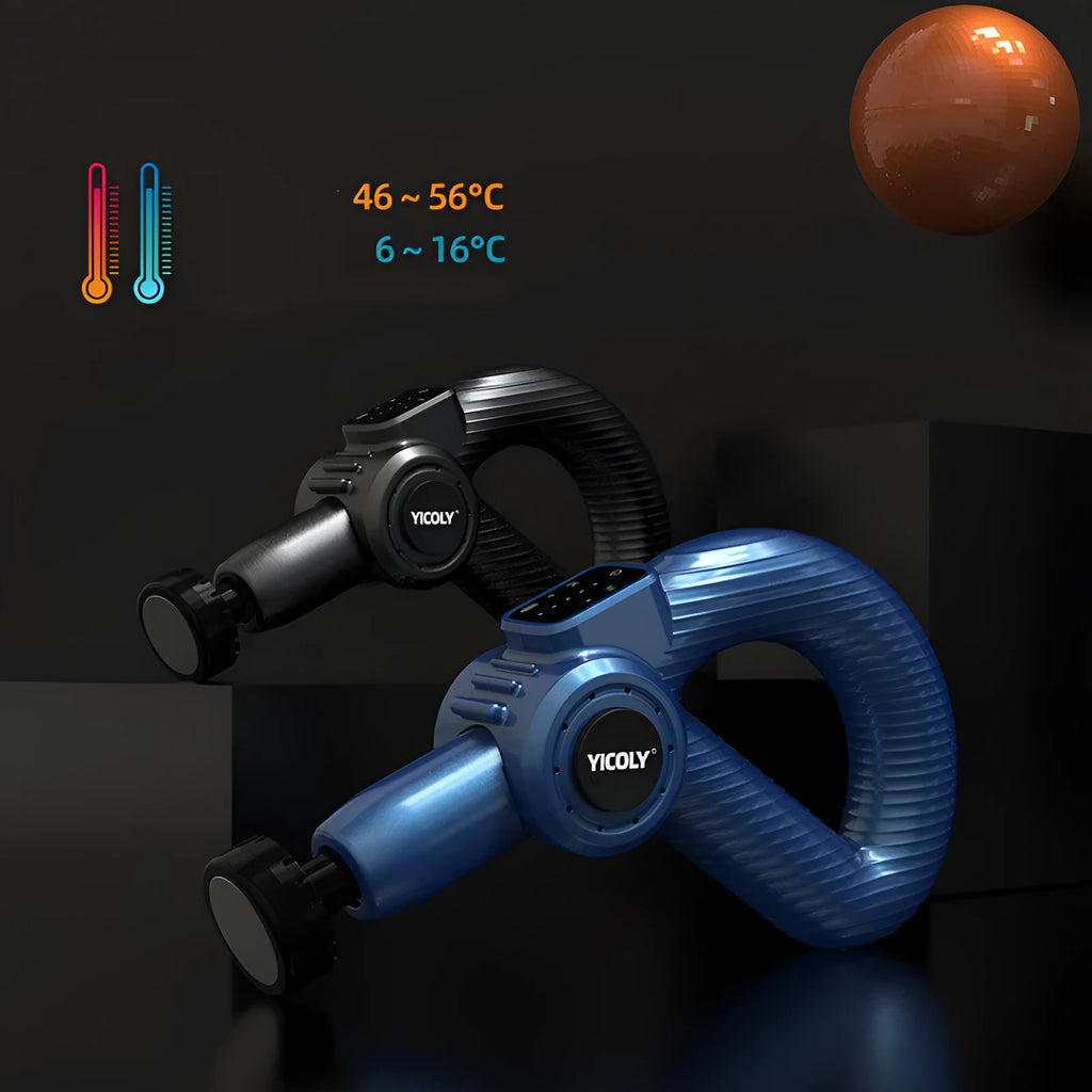 Black smart muscle massage gun with five interchangeable heads and carry bag