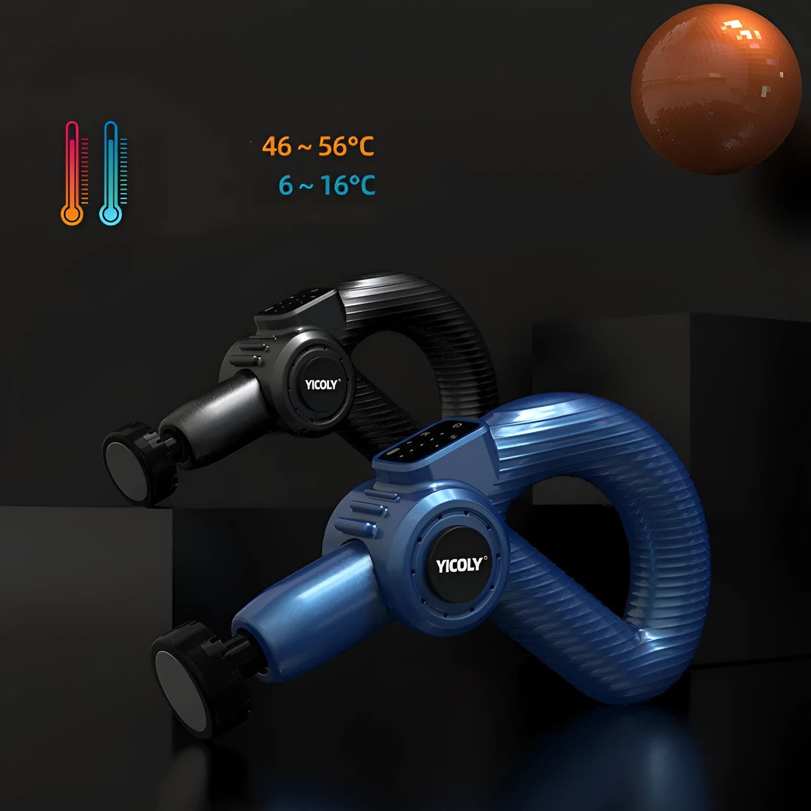 Black smart muscle massage gun with five interchangeable heads and carry bag