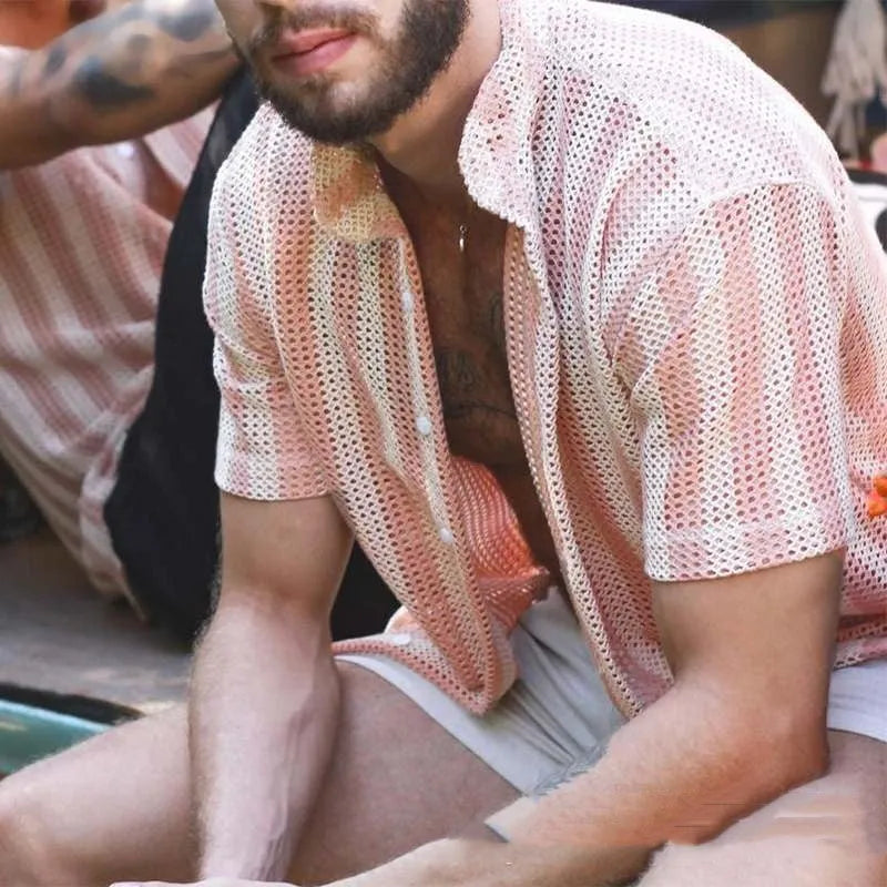 Men's pink waffle texture summer shirt in loose fit cardigan style