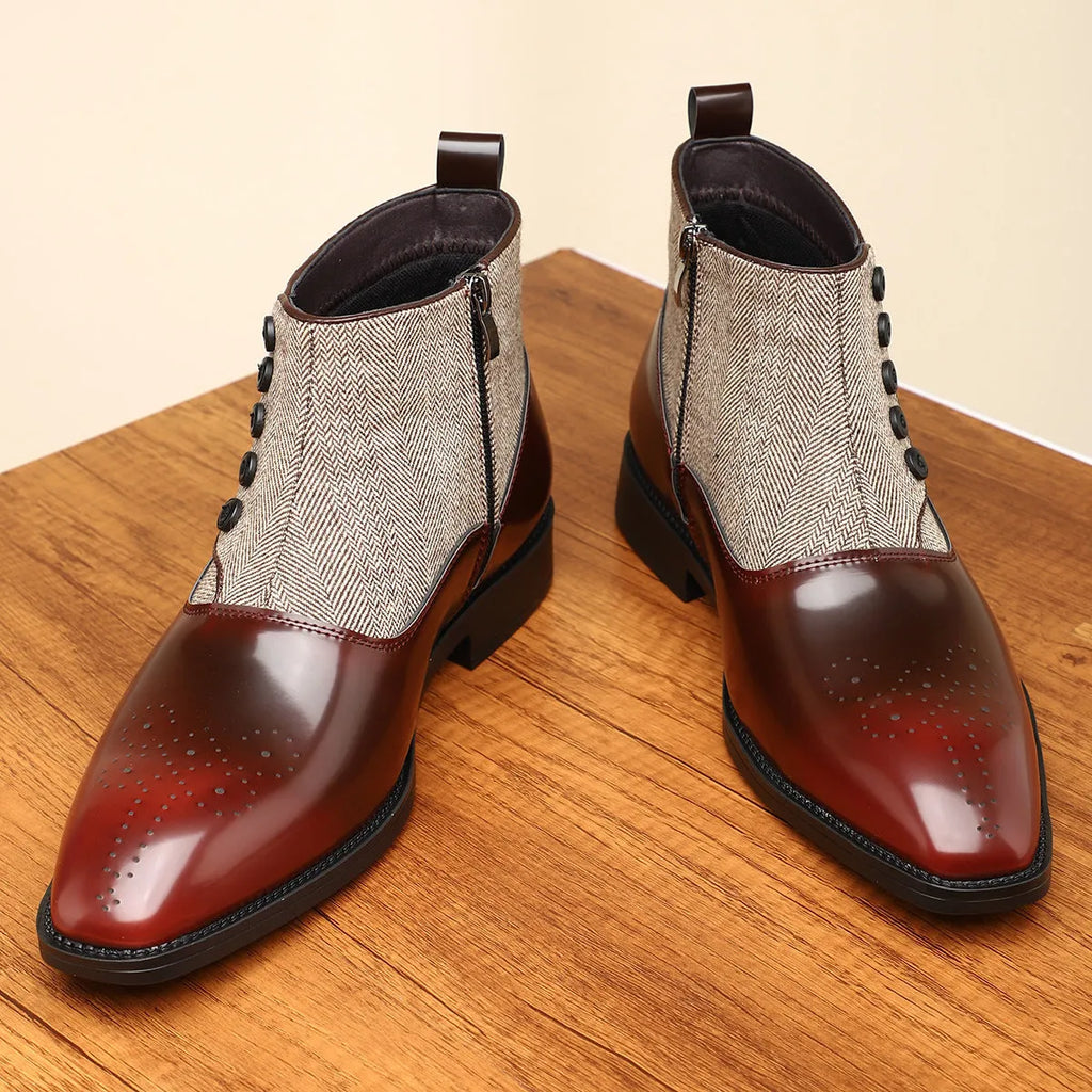 Men's brown retro-style formal shoes with side zipper and square toe